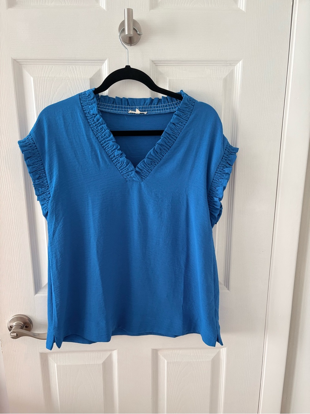 JODIFL Blue Ruffle Trim V-Neck Women's Top
